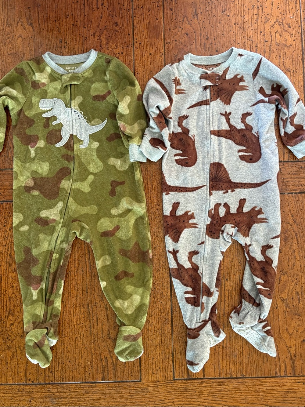 Carter's Fleece Footed Pajama Green Camo & Gray Brown Dino, 2-pack, 12 month